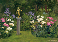 painting of formal garden with statue
